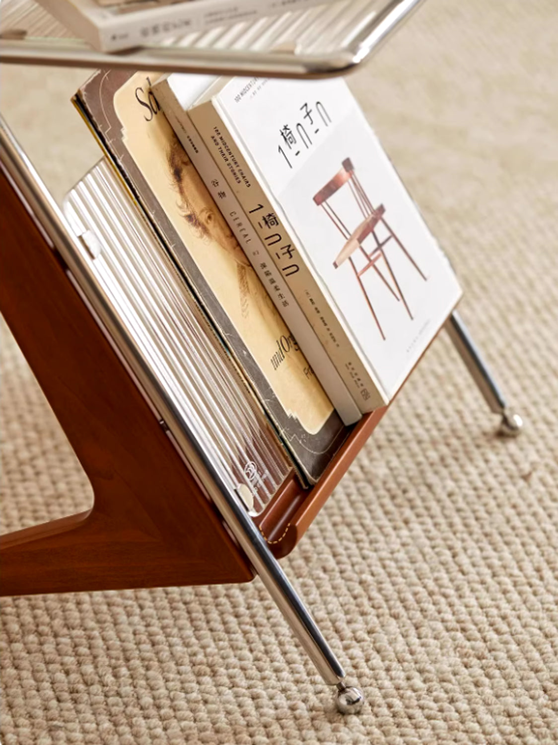 Japanese Side Table Featuring Solid Wood Handle & Metal
