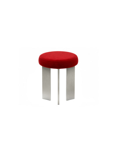 round linen-top accent stool with tripod steel legs in red - front view product photo