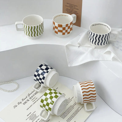 VIBE | Retro Checker & Wavy Ceramic Mug Set