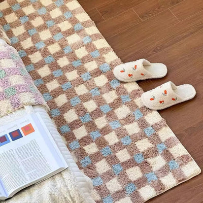Checkerboard Bedside Rug - Pastel Area Rug Soft Cozy Carpet