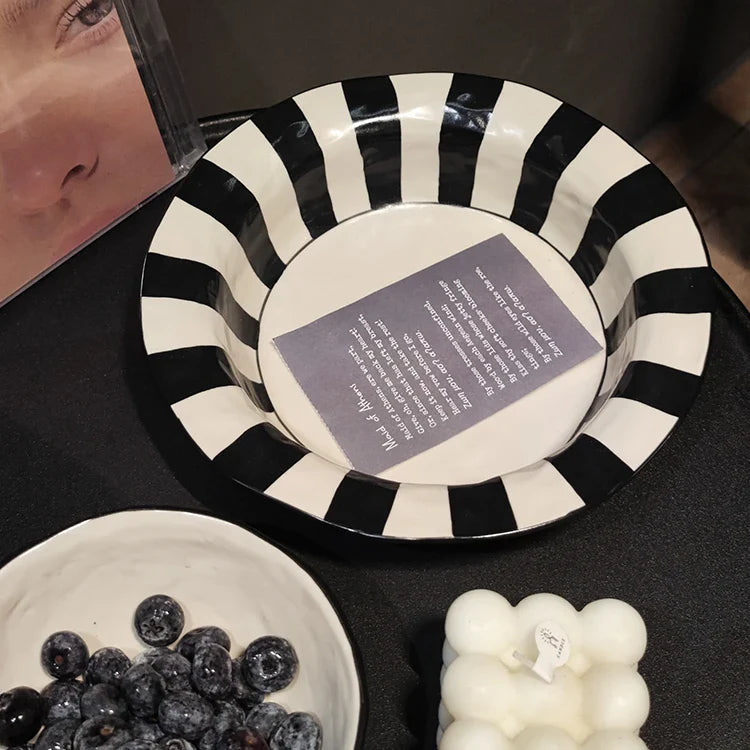Black White Ceramic Plate | Modern Durable Striped Plate