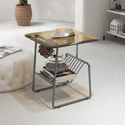 Glass Top Side Table - Metal Rack Storage