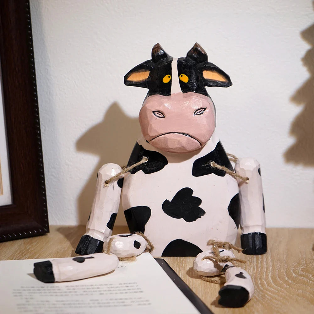 Wooden Cow Puppet Hand Carved Movable Toy