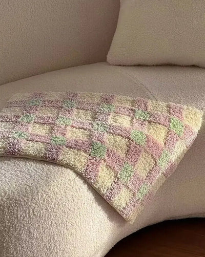 Checkerboard Bedside Rug - Pastel Area Rug Soft Cozy Carpet