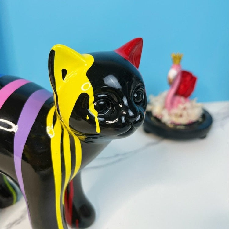Walking Cat Sculpture - Painted Resin Figurine