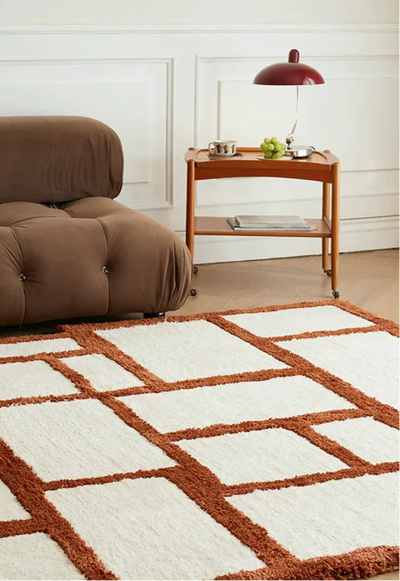 Orange Area Rug - Irregular Grid Pattern Rectangular Carpet