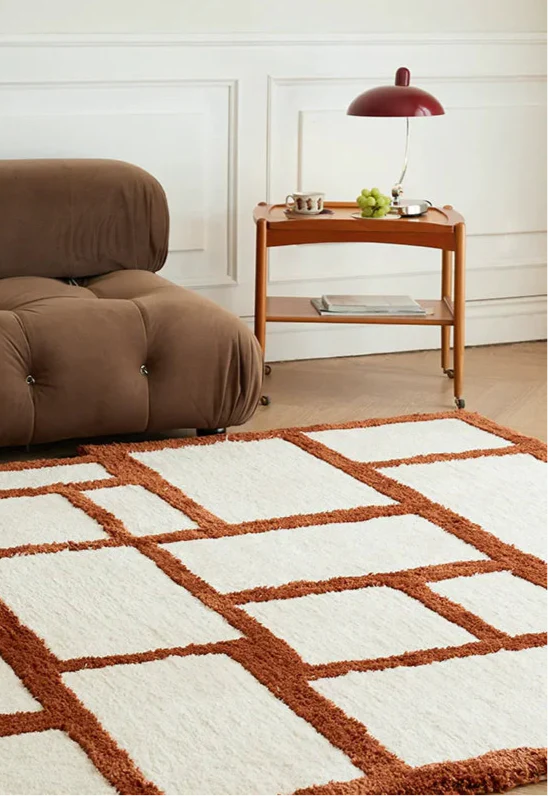 Orange Area Rug - Irregular Grid Pattern Rectangular Carpet