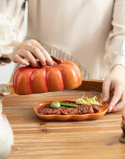 Pumpkin Ceramic Plate – Small Festive Serving Dish with Lid