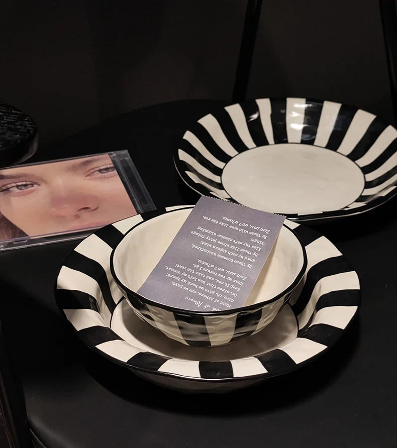 Black White Ceramic Plate | Modern Durable Striped Plate