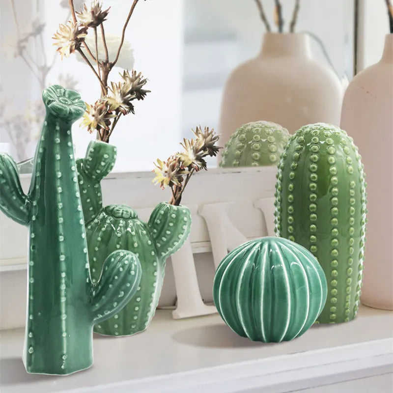 Green Ceramic Cactus Handcrafted Sculpture - Unique Art Piece