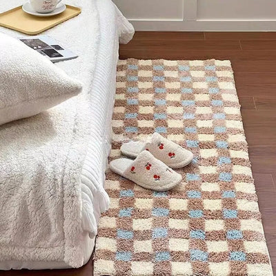 Checkerboard Bedside Rug - Pastel Area Rug Soft Cozy Carpet