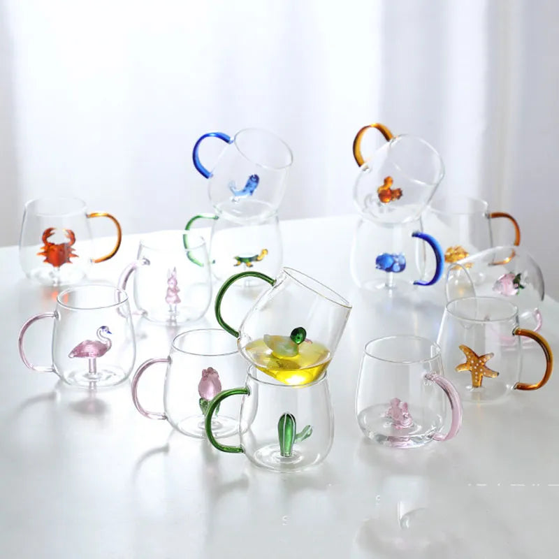 Borosilicate Glass Mug - 3D Animal Design, Color Handle
