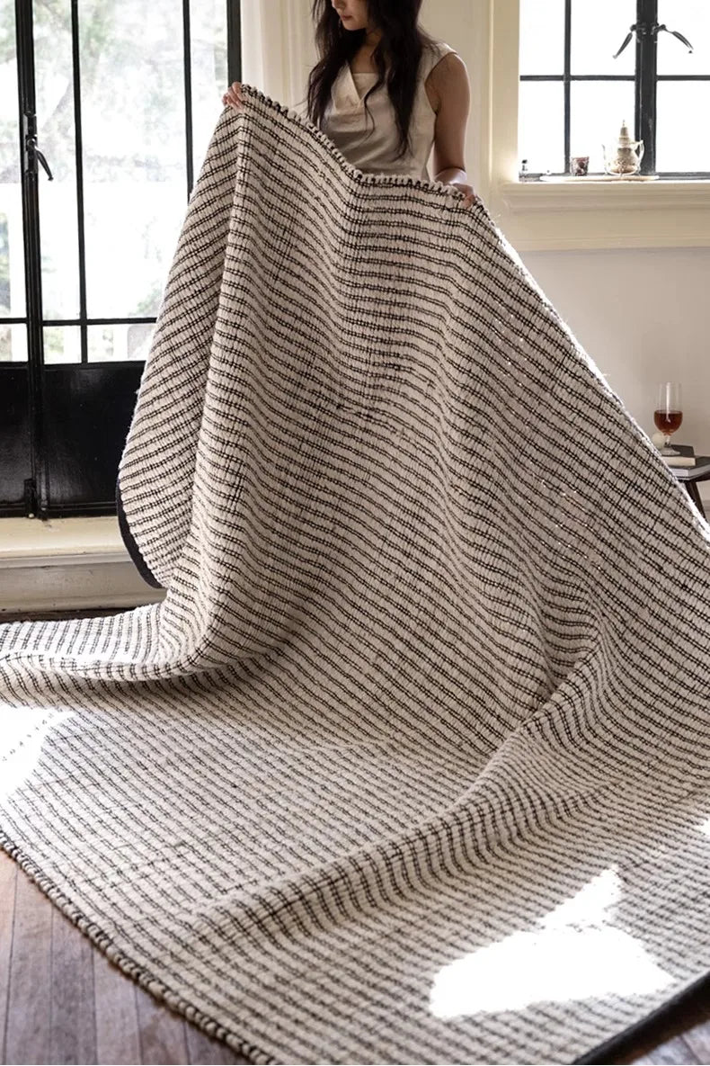 Black Striped Area Rug - Japanese Hand Crafted Double Sided Cotton Jute