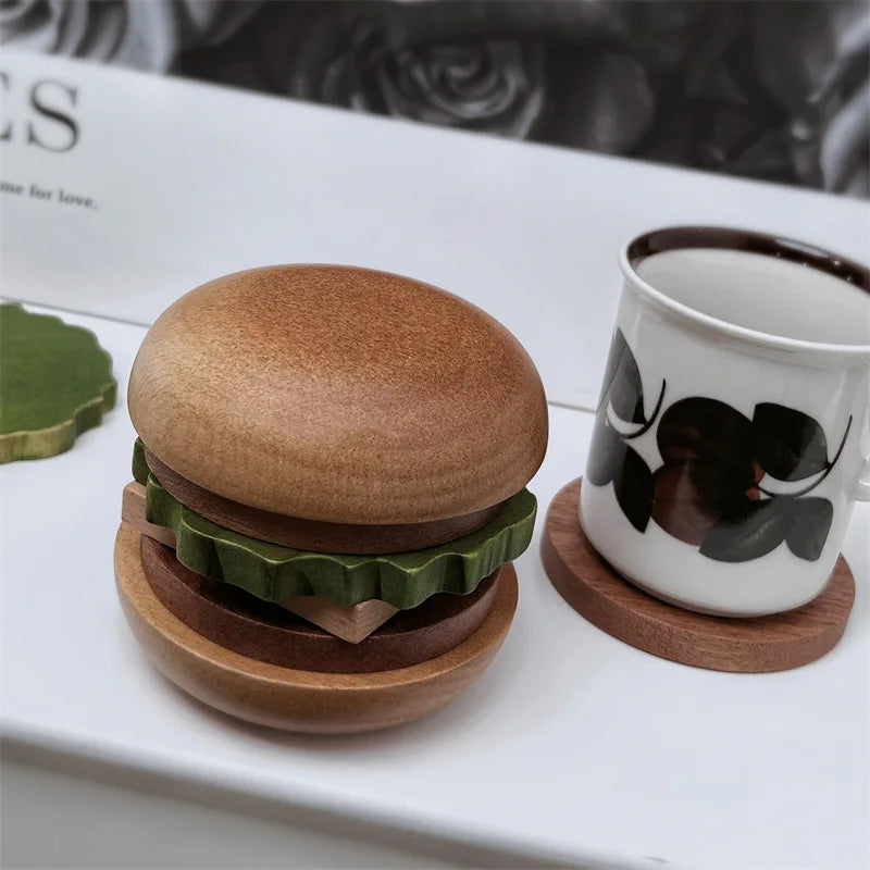 Wooden Burger Coasters - Magnetic Drink Set