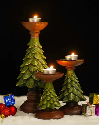 Christmas Tree Candle Holder - Dark Green Resin Holiday Decor