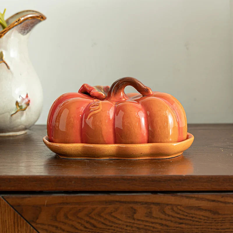 Pumpkin Ceramic Plate – Small Festive Serving Dish with Lid
