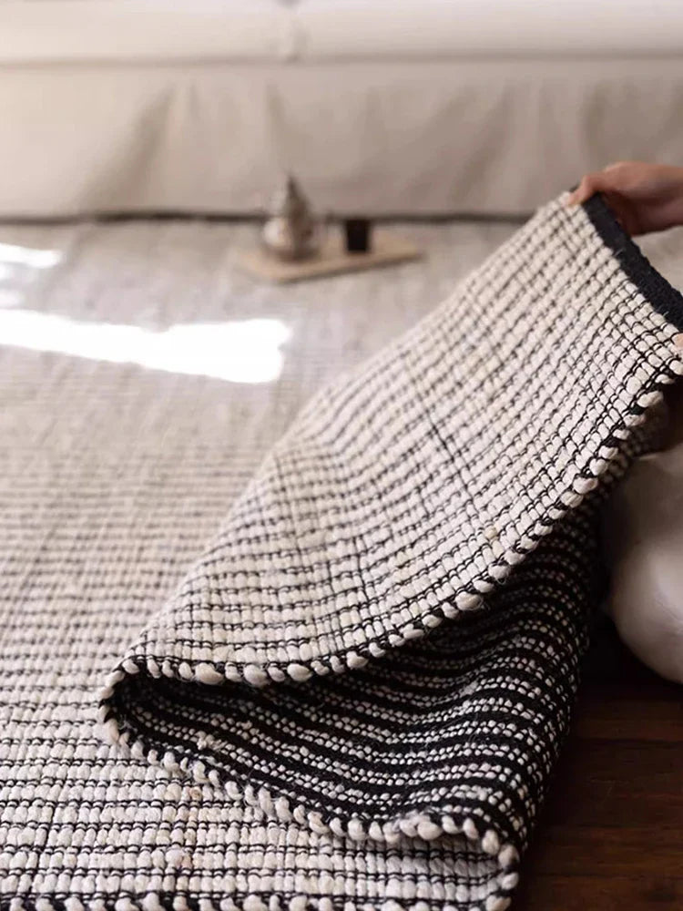 Black Striped Area Rug - Japanese Hand Crafted Double Sided Cotton Jute