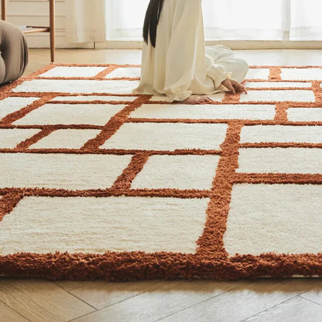 Orange Area Rug - Irregular Grid Pattern Rectangular Carpet