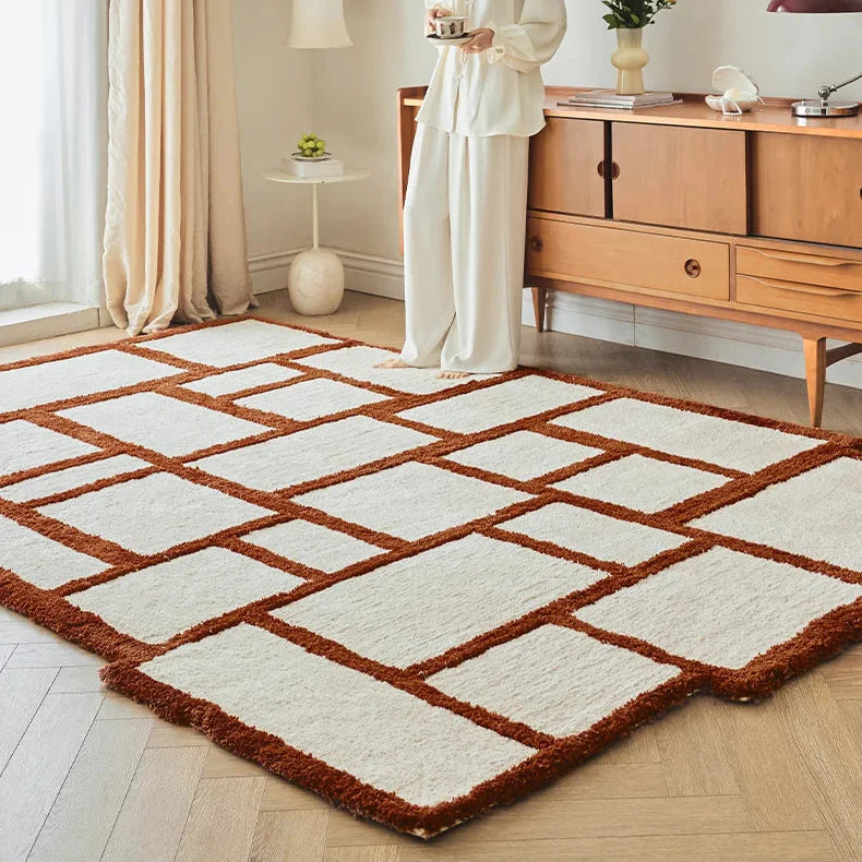 Orange Area Rug - Irregular Grid Pattern Rectangular Carpet