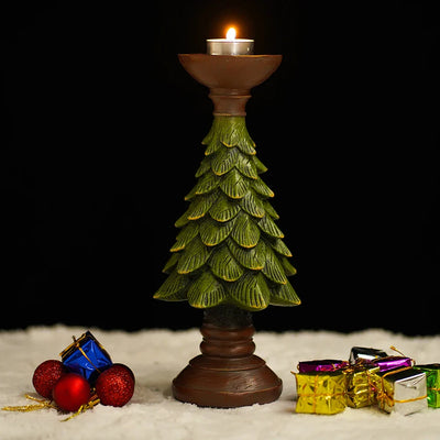 Christmas Tree Candle Holder - Dark Green Resin Holiday Decor