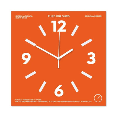 Orange colorblock square wall clock, front view