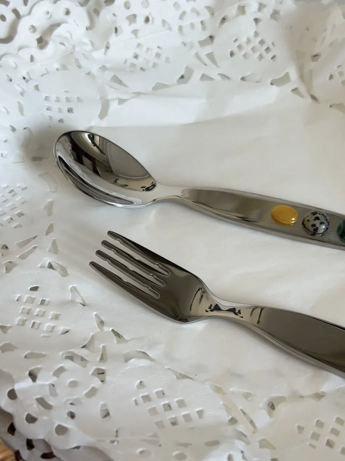 Dessert Fork And Spoon - Jelly Bean Design 5 Inch Stainless Steel Utensils