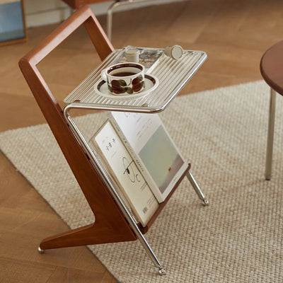 Japanese Side Table Featuring Solid Wood Handle & Metal