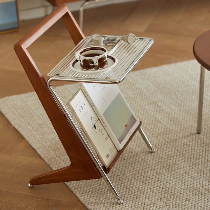 Japanese Side Table Featuring Solid Wood Handle & Metal