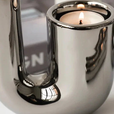 Silver Plated Candle Holder | Modern Ceramic Geometric Stand