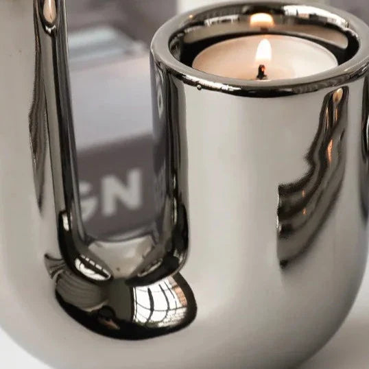 Silver Plated Candle Holder | Modern Ceramic Geometric Stand