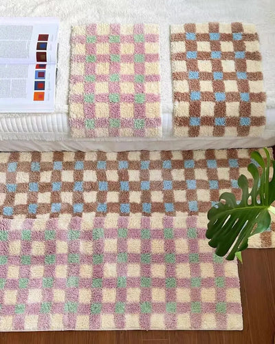 Checkerboard Bedside Rug - Pastel Area Rug Soft Cozy Carpet