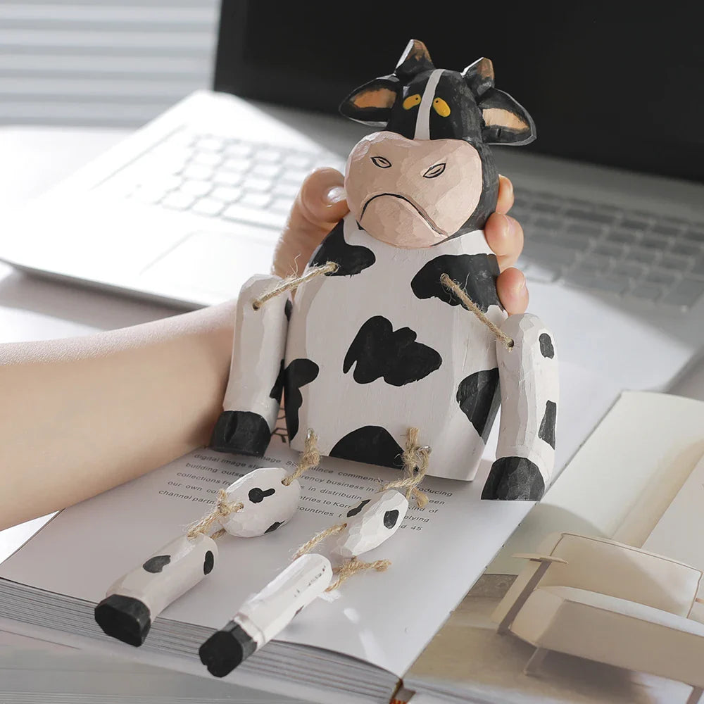 Wooden Cow Puppet Hand Carved Movable Toy