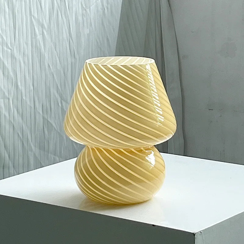 Glass Mushroom Lamp - Striped Table Light With Knob Switch