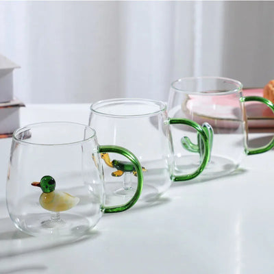 Borosilicate Glass Mug - 3D Animal Design, Color Handle