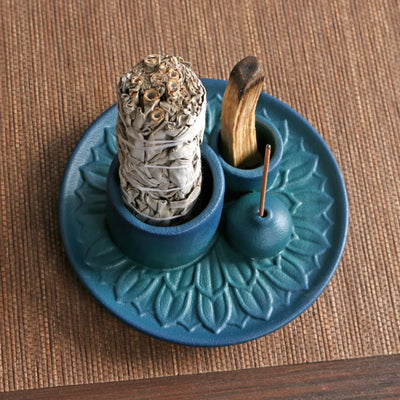 Rustic Ceramic Candle Holder - Incense Burner Stand & Decorative Tray