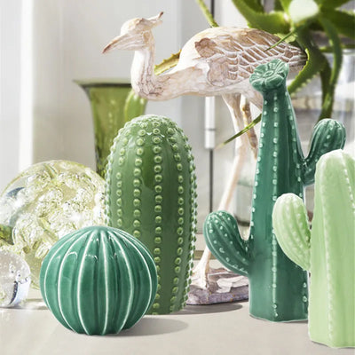Green Ceramic Cactus Handcrafted Sculpture - Unique Art Piece
