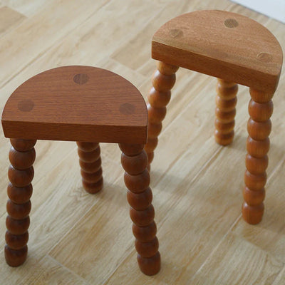 Retro French Wood Stool - Solid Wood Seat With Ball Legs