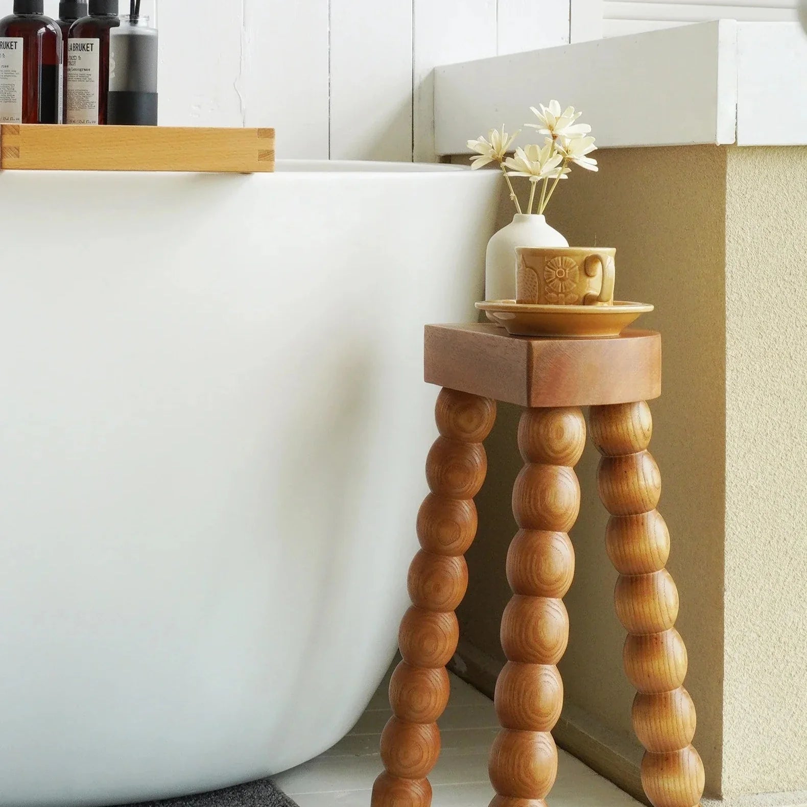 Retro French Wood Stool - Solid Wood Seat With Ball Legs
