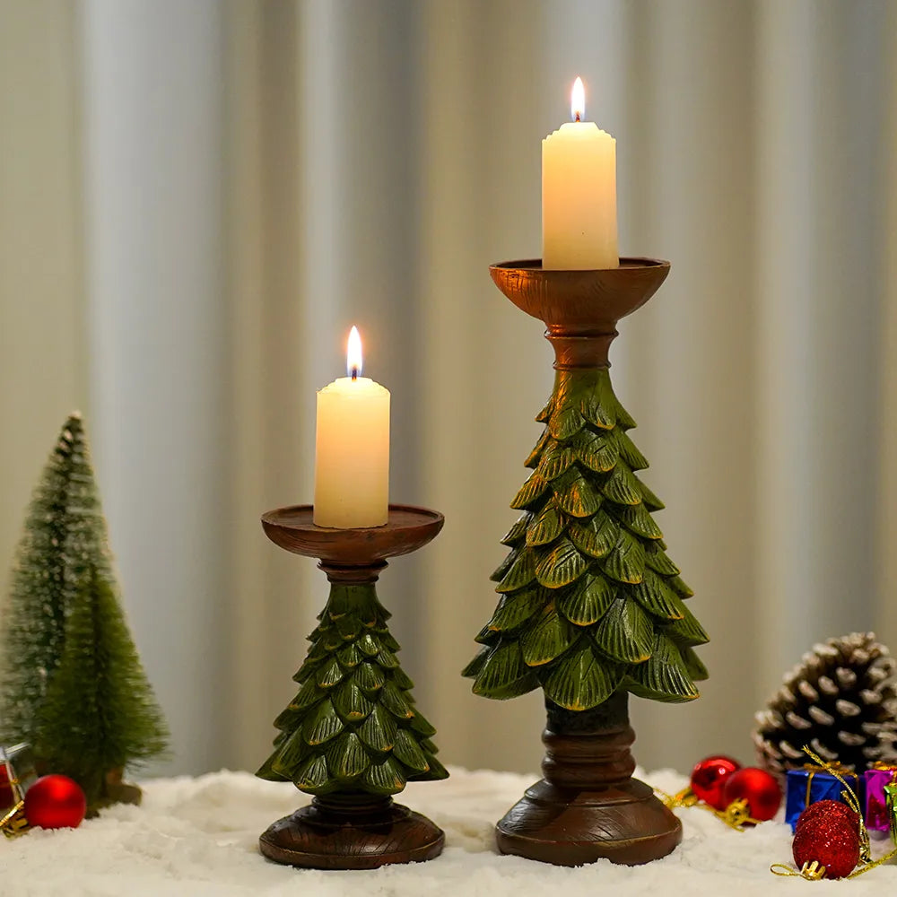 Christmas Tree Candle Holder - Dark Green Resin Holiday Decor