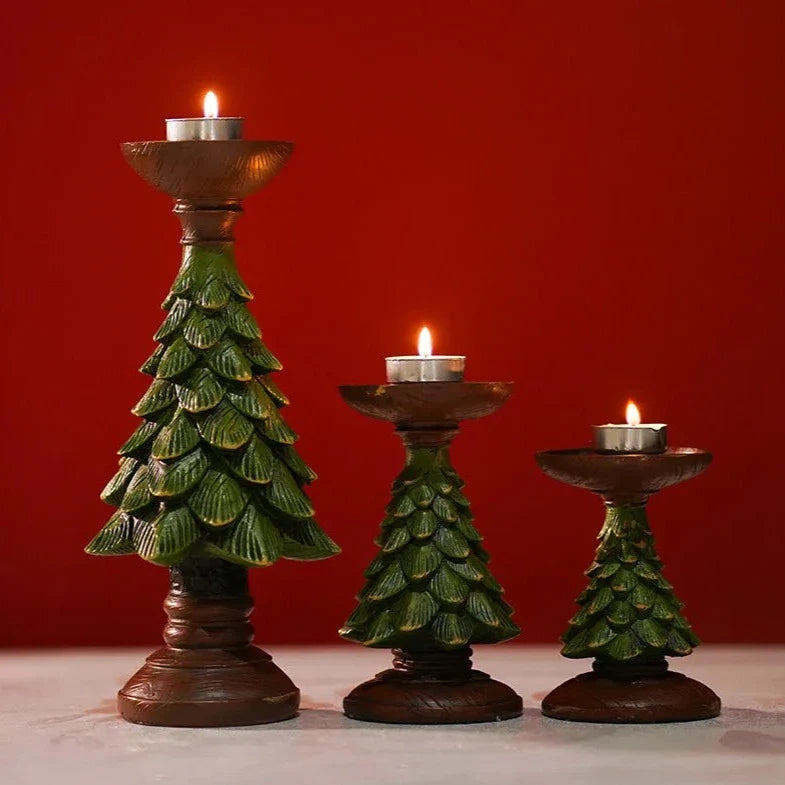 Christmas Tree Candle Holder - Dark Green Resin Holiday Decor