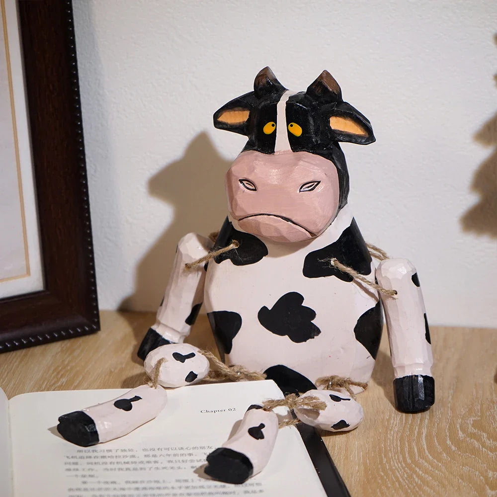 Wooden Cow Puppet Hand Carved Movable Toy