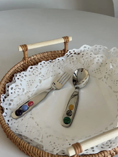 Dessert Fork And Spoon - Jelly Bean Design 5 Inch Stainless Steel Utensils