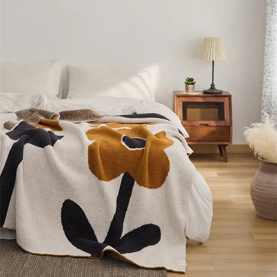 Knitted Throw Blanket – Brown Flower Pattern Cozy Fleece