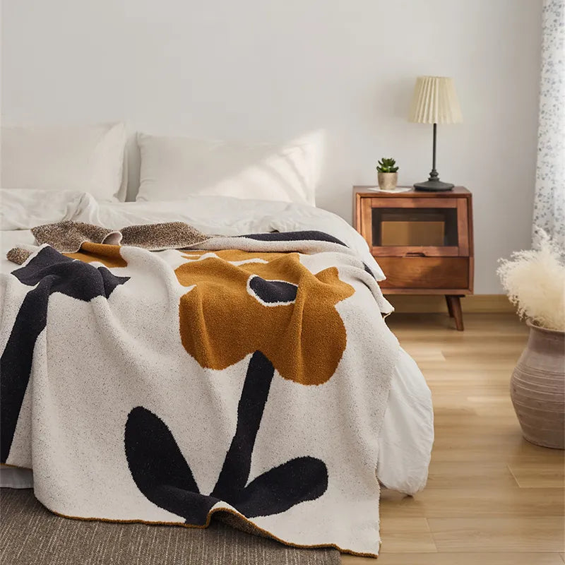 Knitted Throw Blanket – Brown Flower Pattern Cozy Fleece