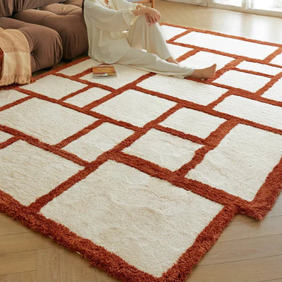 Orange Area Rug - Irregular Grid Pattern Rectangular Carpet