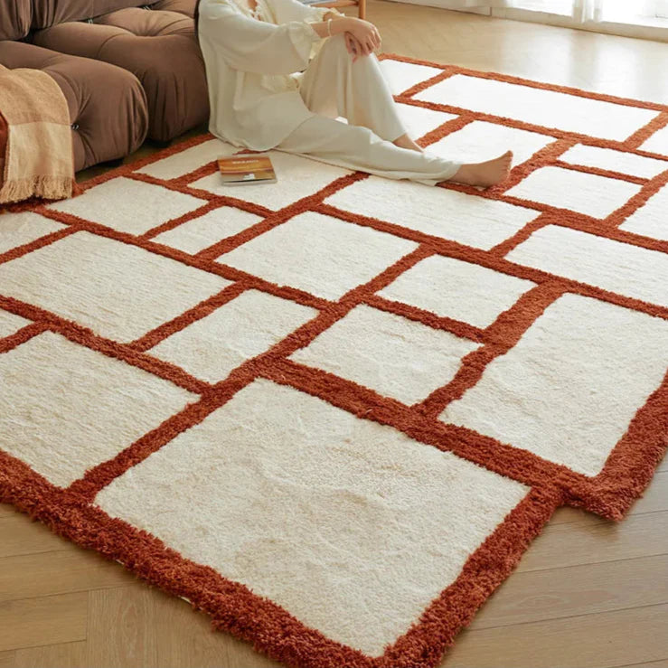 Orange Area Rug - Irregular Grid Pattern Rectangular Carpet
