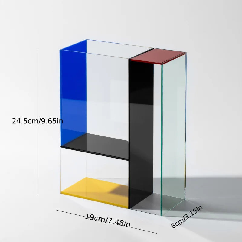 Color block glass vase with dimension measurements shown