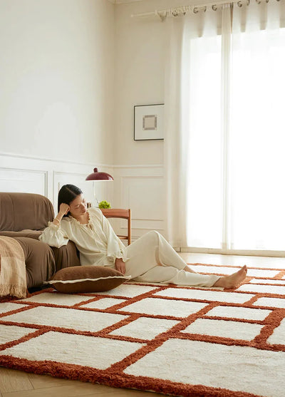 Orange Area Rug - Irregular Grid Pattern Rectangular Carpet