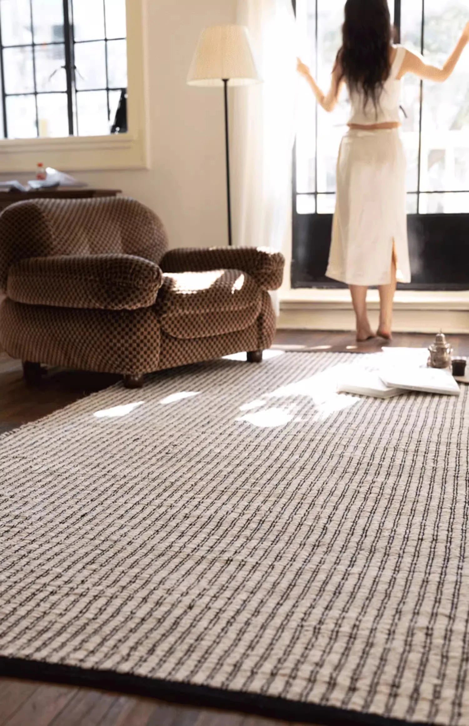 Black Striped Area Rug - Japanese Hand Crafted Double Sided Cotton Jute
