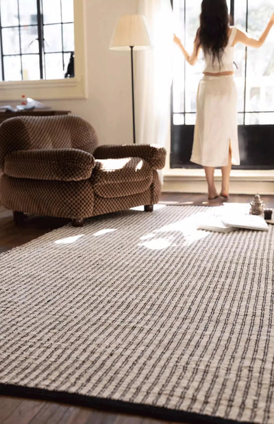 Black Striped Area Rug - Japanese Hand Crafted Double Sided Cotton Jute